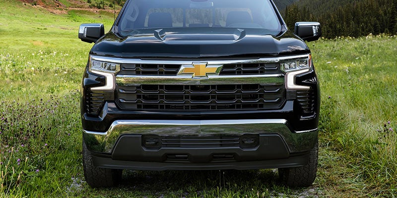 A black truck stands on the grass bumper view with Chevrolet logo
